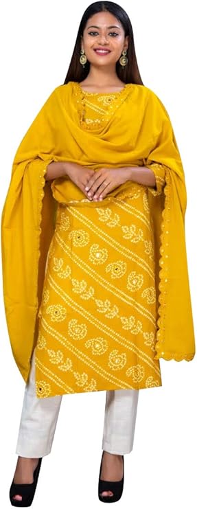 ladyline 人造丝刺绣镜子工作人造丝纱丽克米兹套装带直筒裤和棉杜